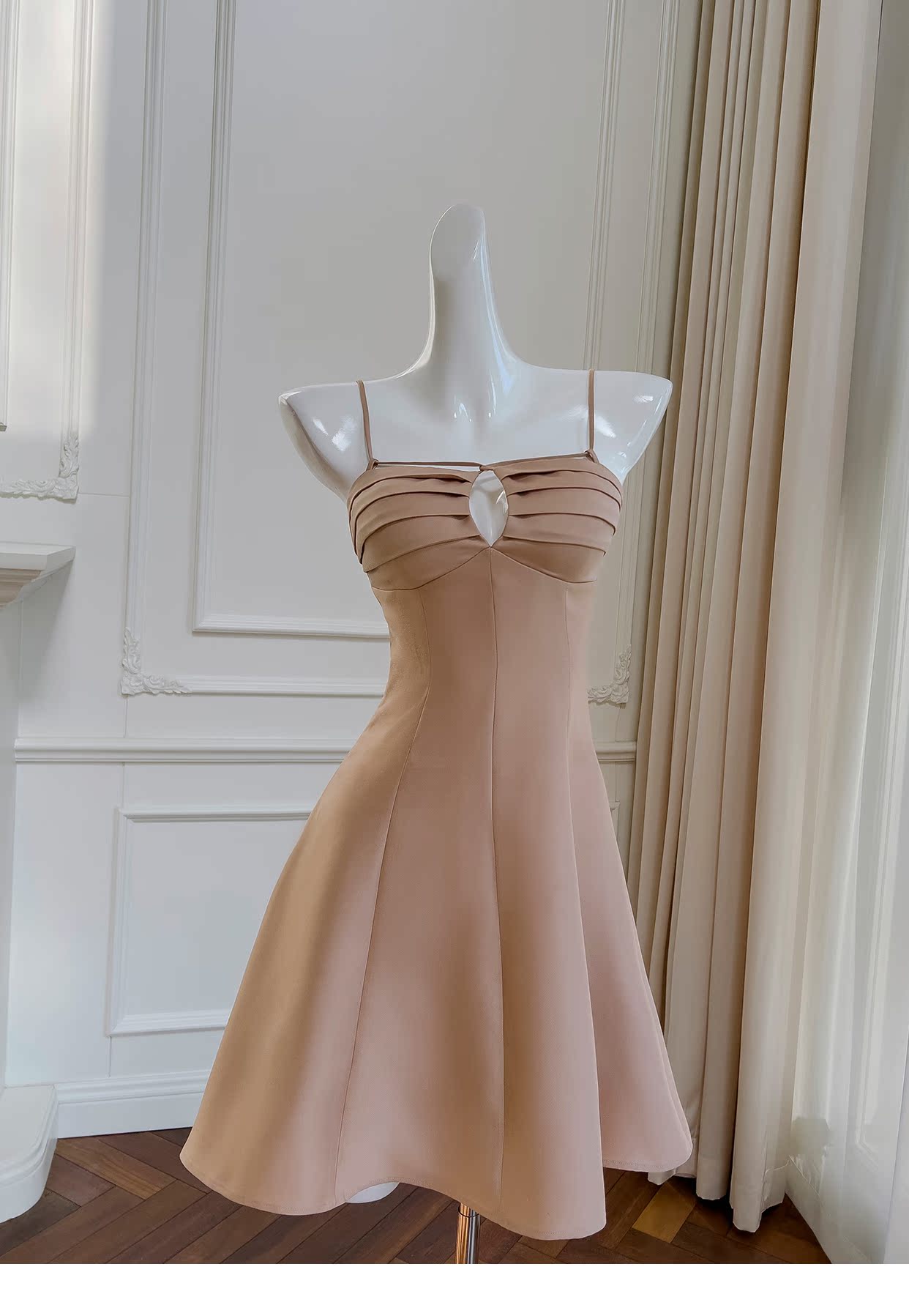 Vintage A-Line Spaghetti Strap Satin Short Homecoming Dress, Tan Sexy Birthday Dress RF0981