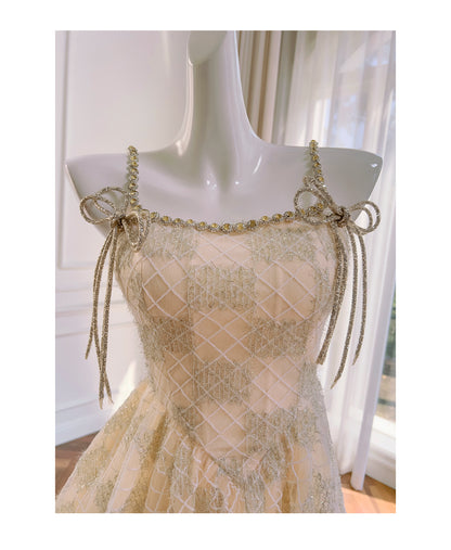 Gorgeous Spaghetti Strap A-Line Tulle Beaded Short Homecoming Dress, Champagne Sweet 16 Dress RF0982