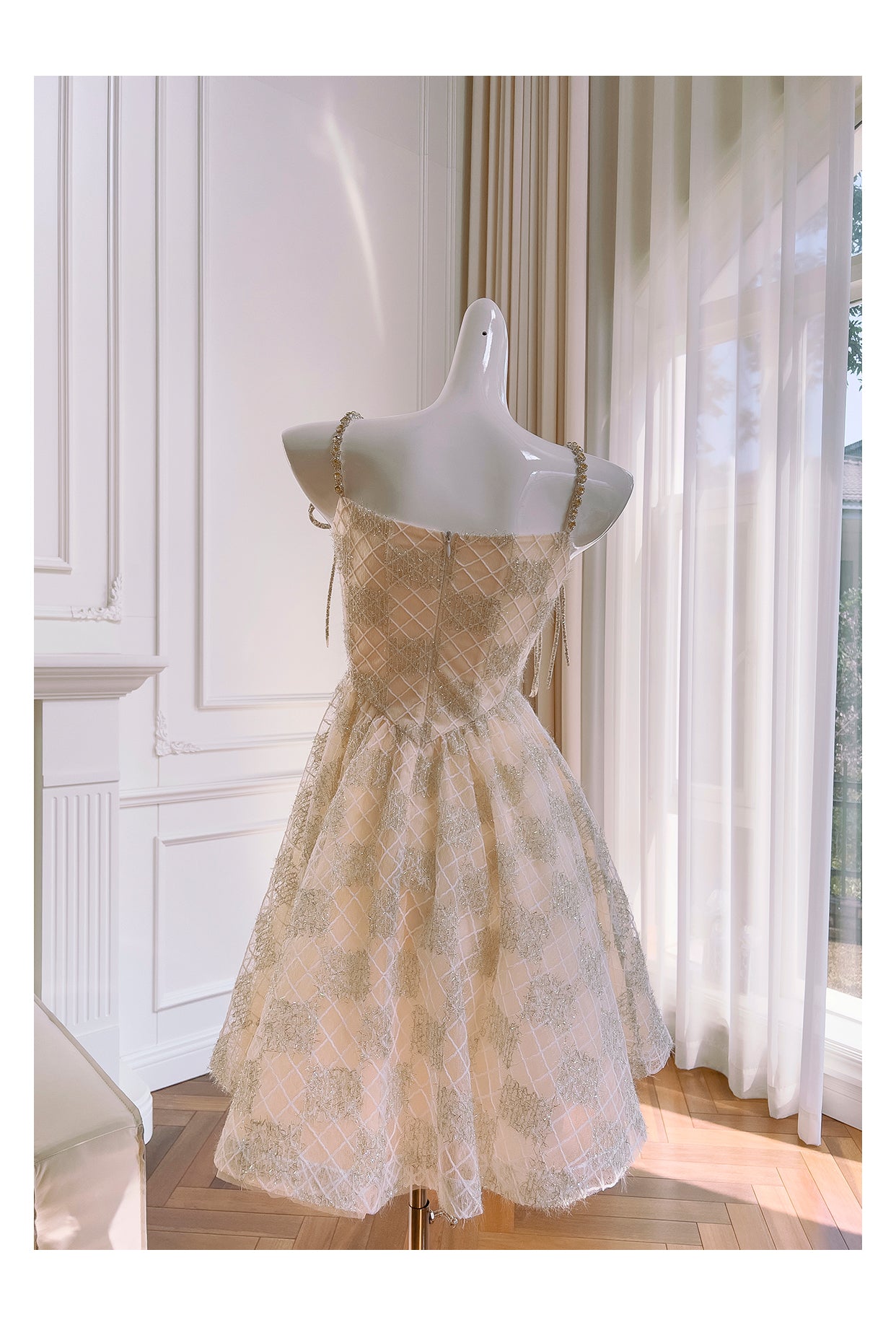 Gorgeous Spaghetti Strap A-Line Tulle Beaded Short Homecoming Dress, Champagne Sweet 16 Dress RF0982