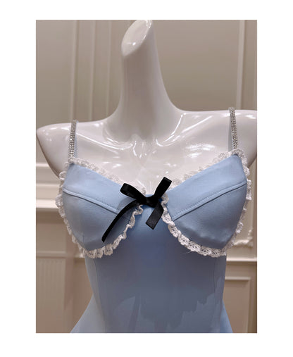 Sweet Blue A-Line Satin Spaghetti Strap Short Homecoming Dress, Casual Evening Dress with Lace RF0983