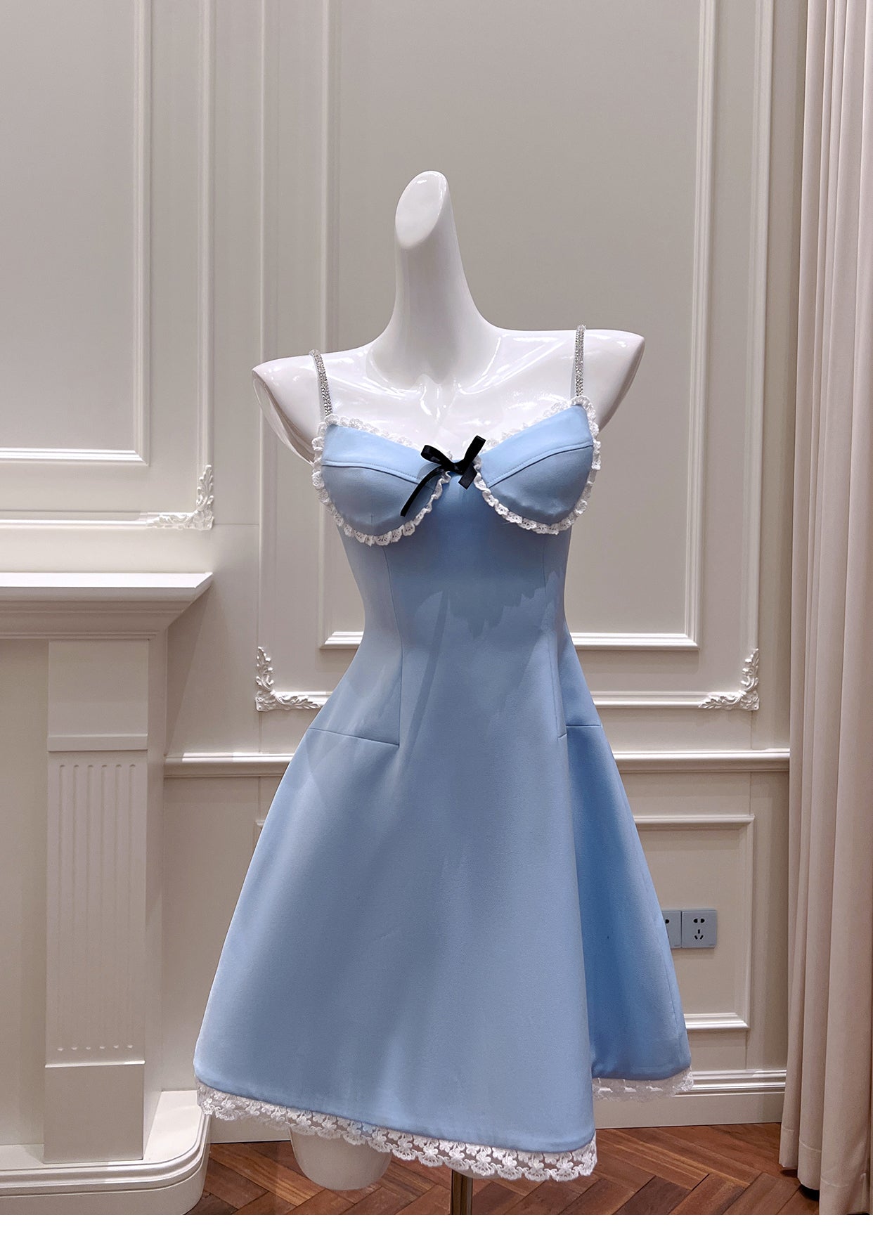 Sweet Blue A-Line Satin Spaghetti Strap Short Homecoming Dress, Casual Evening Dress with Lace RF0983