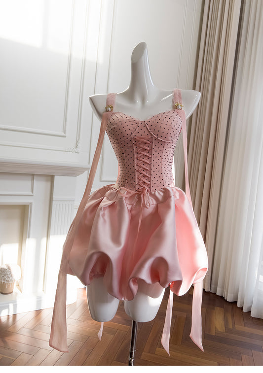 Stunning Pink Satin Spaghetti Strap Corset Short Party Dress Sweet 16 Dress RF0984
