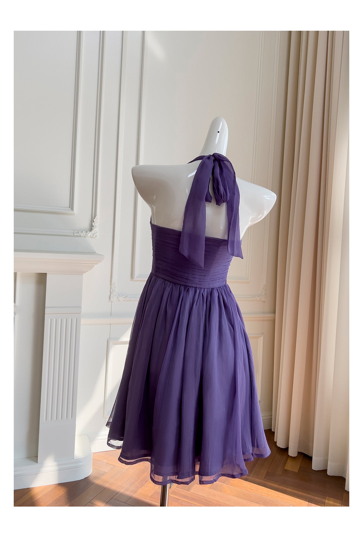 Robe de soirée courte violette en mousseline de soie, coupe trapèze, col licou, décontractée, RF0985