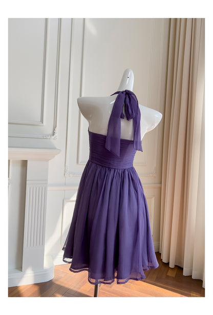 Robe de soirée courte violette en mousseline de soie, coupe trapèze, col licou, décontractée, RF0985