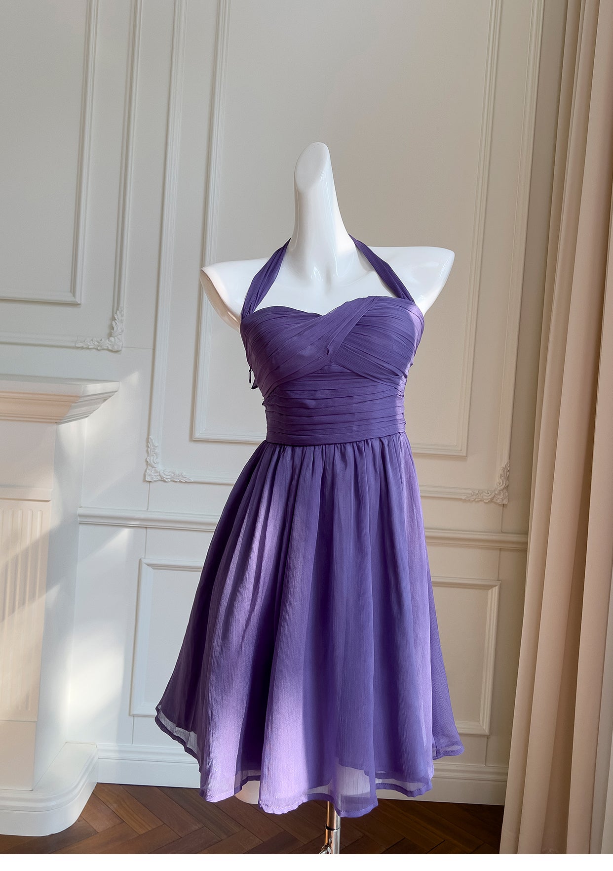 Robe de soirée courte violette en mousseline de soie, coupe trapèze, col licou, décontractée, RF0985