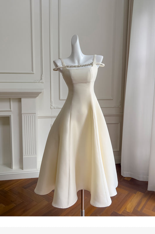 Chic A-Line Square Neck Satin Short Homecoming Dresses, Off-White Graduation Dress RF0986