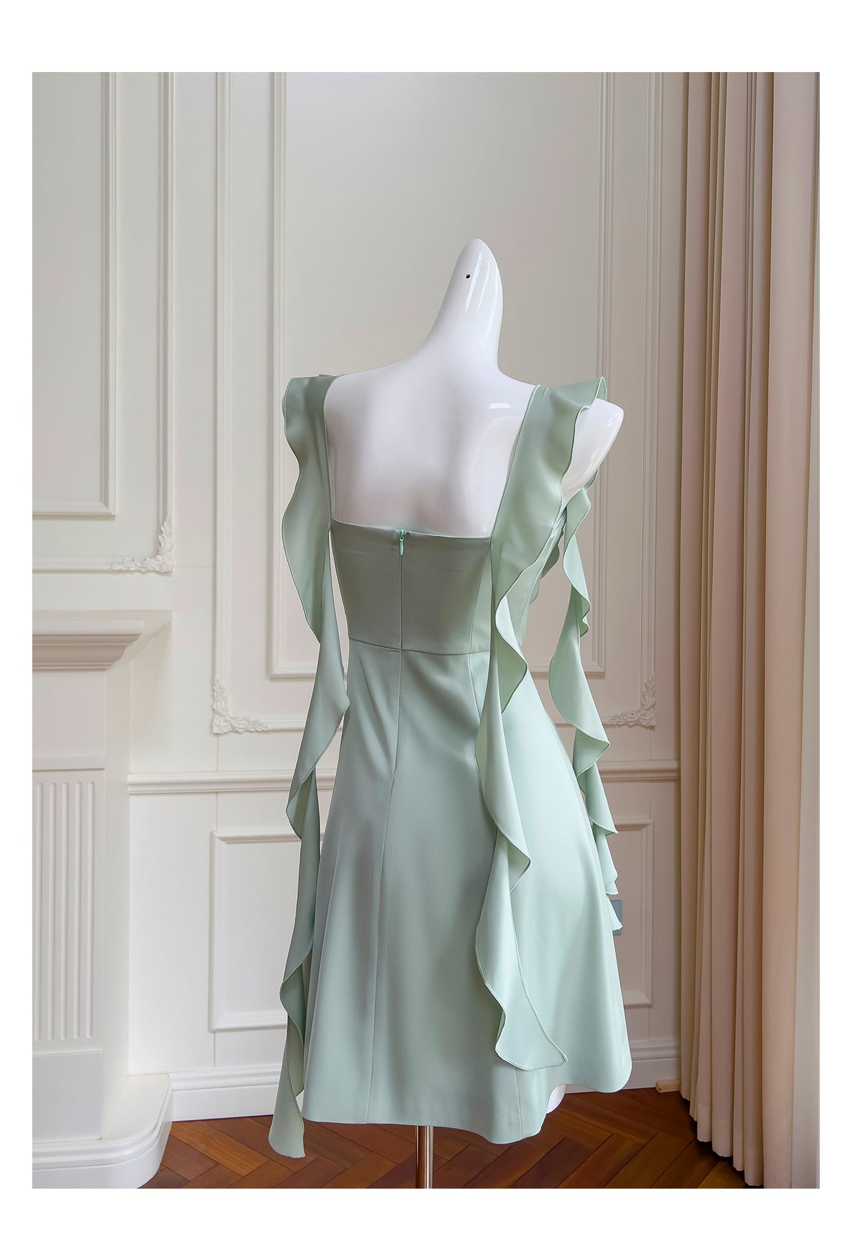 Chic Mint Green Sheath Square Neck Satin Short Party Dresses Simple  Homecoming Dress with Ribbon RF0988