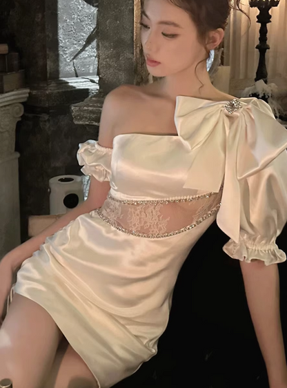 Fashion White Bodycon One Shoulder Satin Lace Short Party Dress RF0991