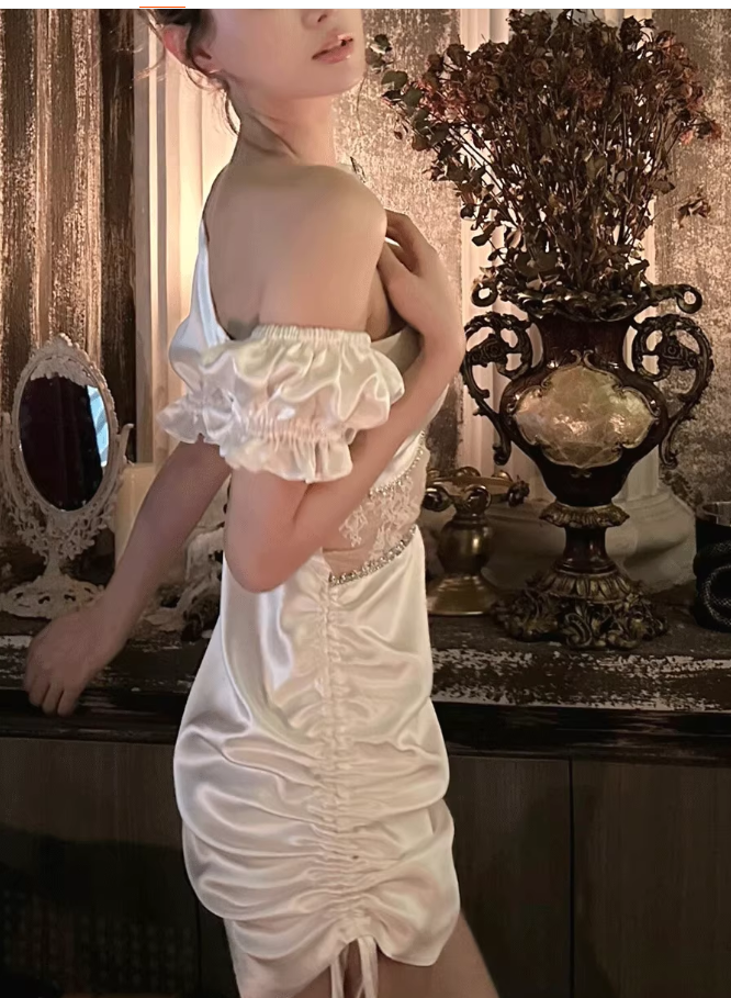 Fashion White Bodycon One Shoulder Satin Lace Short Party Dress RF0991