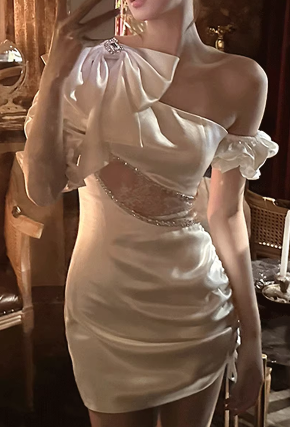 Fashion White Bodycon One Shoulder Satin Lace Short Party Dress RF0991