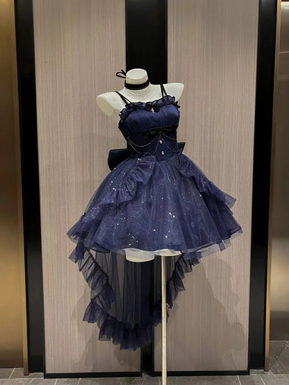 Superbe robe de bal courte bleue scintillante à bretelles spaghetti en tulle RF0992