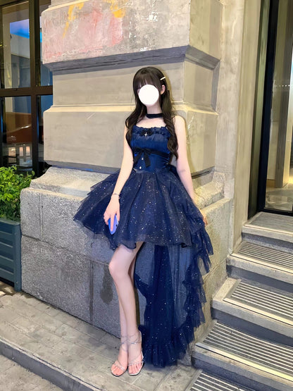 Superbe robe de bal courte bleue scintillante à bretelles spaghetti en tulle RF0992