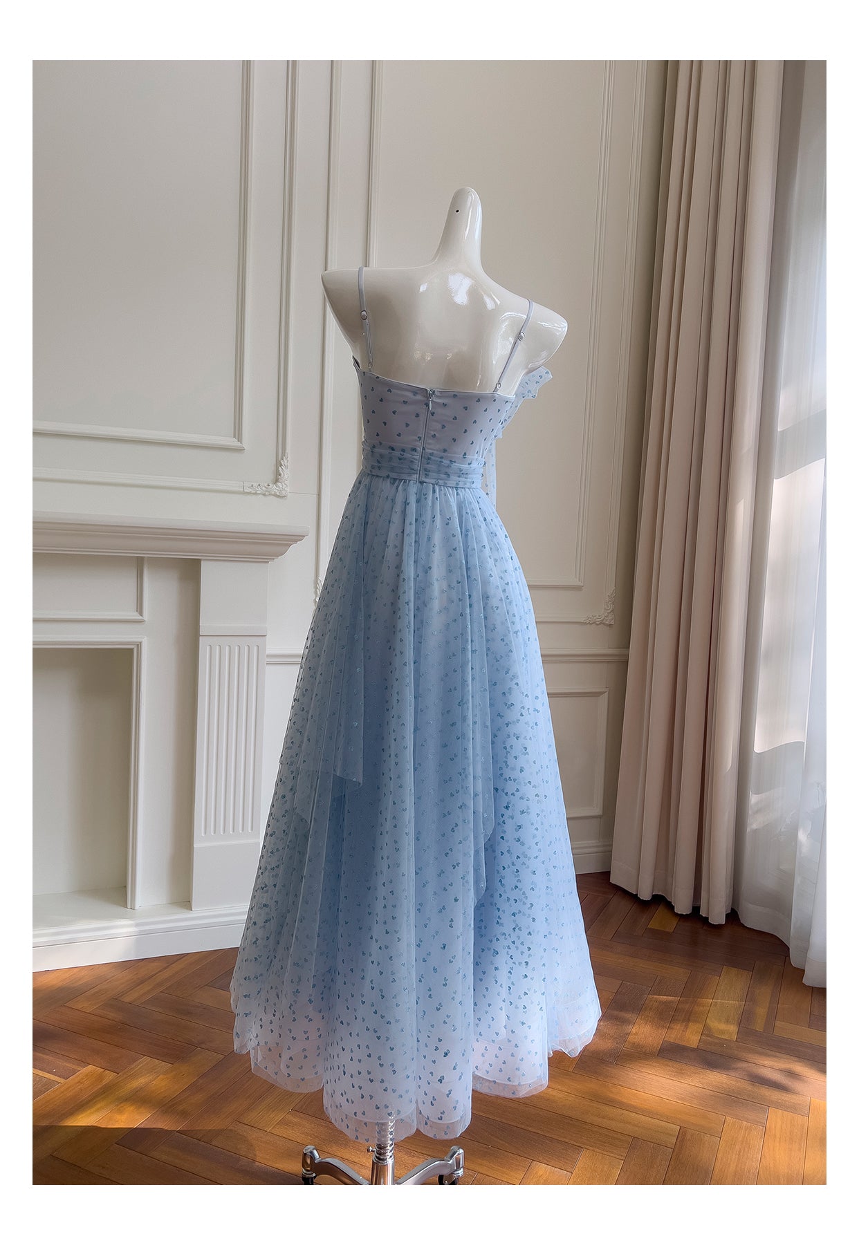 Sky Blue Spaghetti Strap A-Line Tulle Long Prom Dresses, Sweet 16 Dress RF0994
