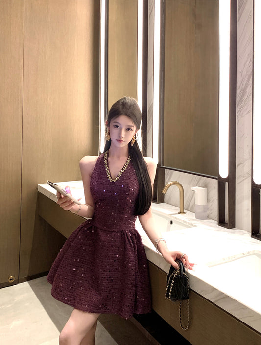 Elegant Purple Halter Neck A-Line Sequin Short Cocktail Party Dress RF0997