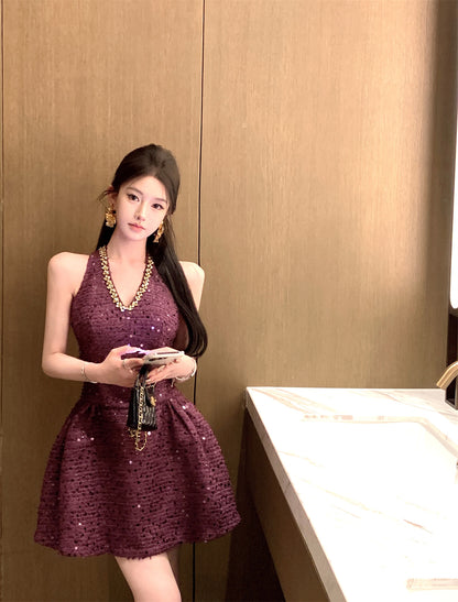 Elegant Purple Halter Neck A-Line Sequin Short Cocktail Party Dress RF0997