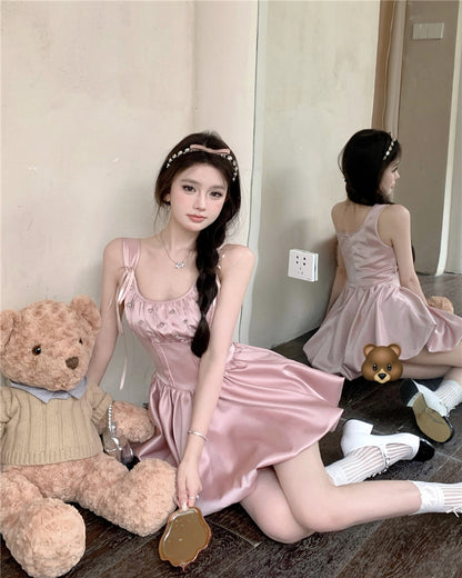 Sweet Pink A-Line Strap Satin Short Casual Dress RF0999