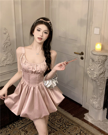 Sweet Pink A-Line Strap Satin Short Casual Dress RF0999