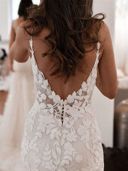 Mermaid Spaghetti Straps V-neck Lace Appliques Backless Long Wedding Dresses RF0376