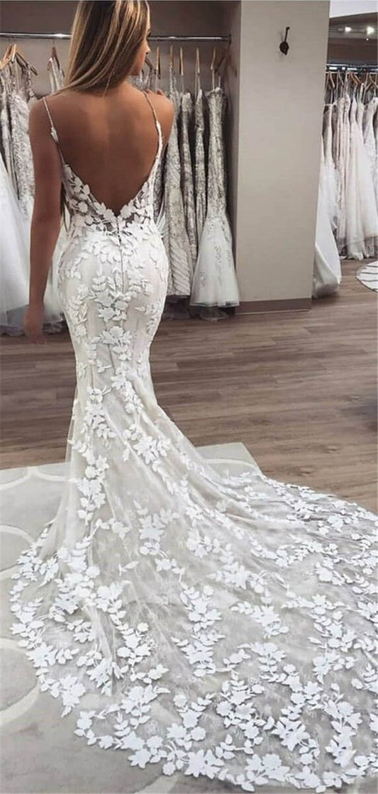 Mermaid Spaghetti Straps V-neck Lace Appliques Backless Long Wedding Dresses RF0376