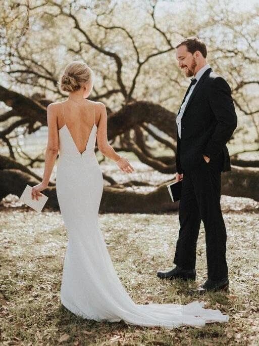 Sheath Spaghetti Straps Simple Satin Cheap Long Wedding Dresses With Train RF0378