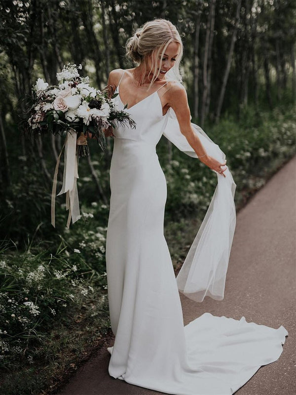 Sheath Spaghetti Straps Simple Satin Cheap Long Wedding Dresses With Train RF0378