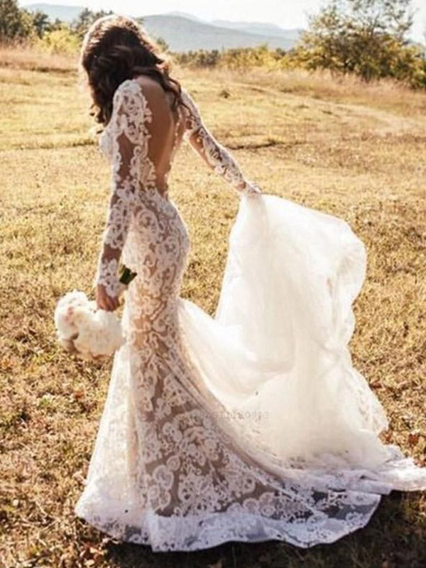 White Romantic Mermaid Wedding Dresses, Long Appliques Backless Wedding Dresses Lace RF0380