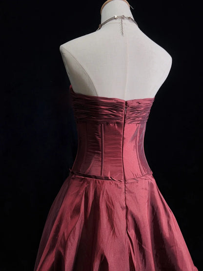 Vintage Ballkleid Trägerlos Burgunderroter Taft Y2K 2000er Party Abschlussballkleider N3199