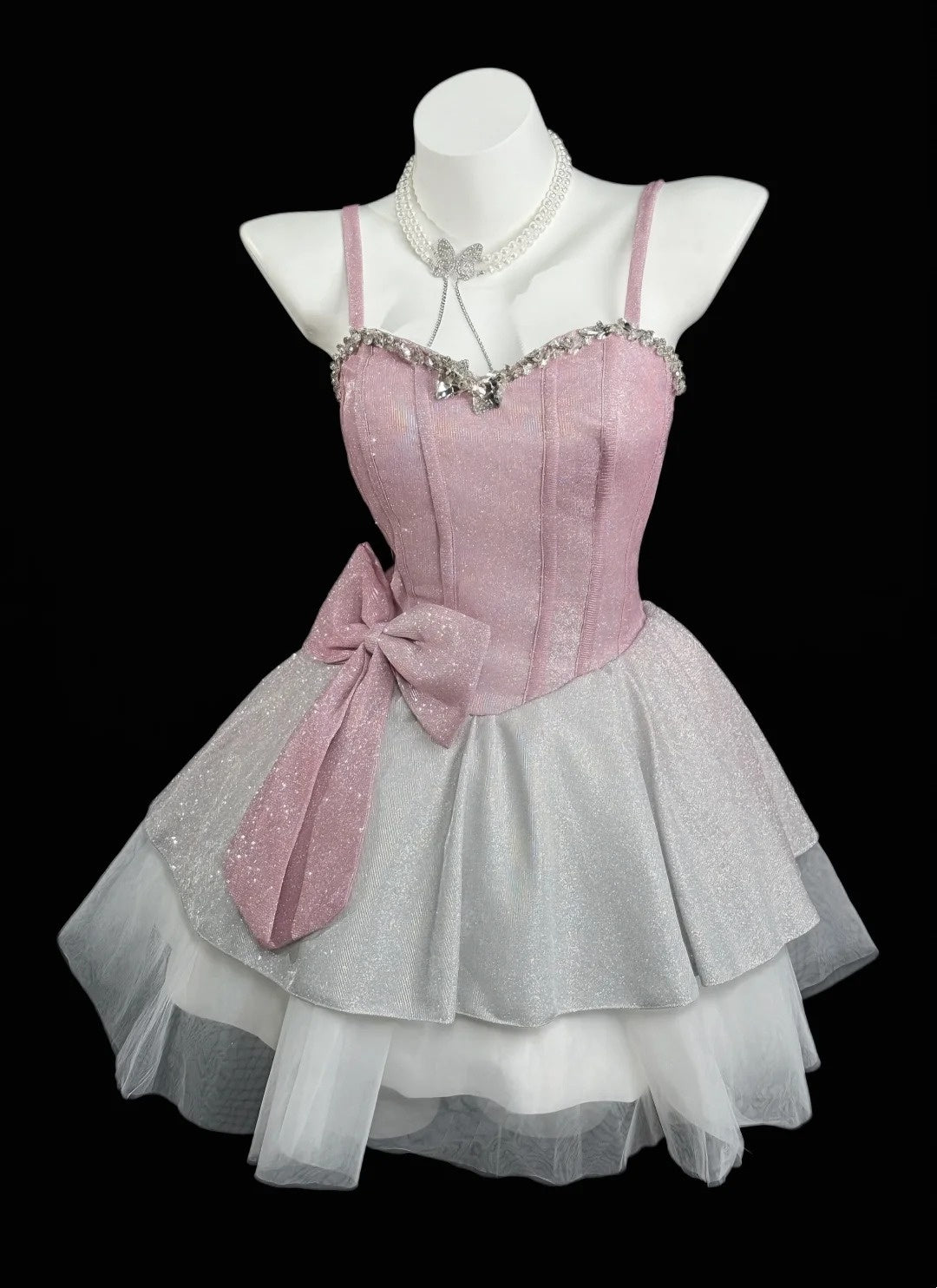 Robes de Bal Romantiques Courtes Rose Gris Bretelles Fines avec Nœud Robes de Soirée de Bal de Promo de Lycée N4488