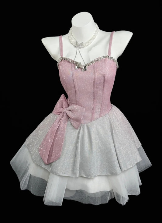 Romantic Ball Gowns Spaghetti Strap Pink Gray Short With Bow-knot Graduation High School Party Homecoming Dresses N4488