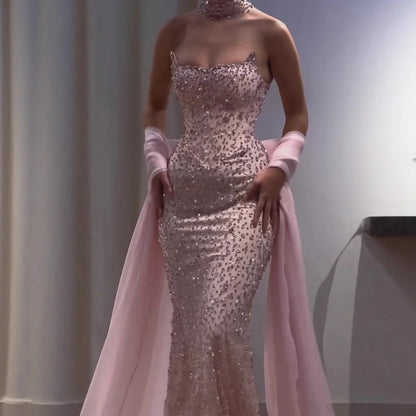 Bezauberndes, trägerloses, ärmelloses, langes Meerjungfrauen-Abendkleid mit Perlenstickerei für Damen AB1511