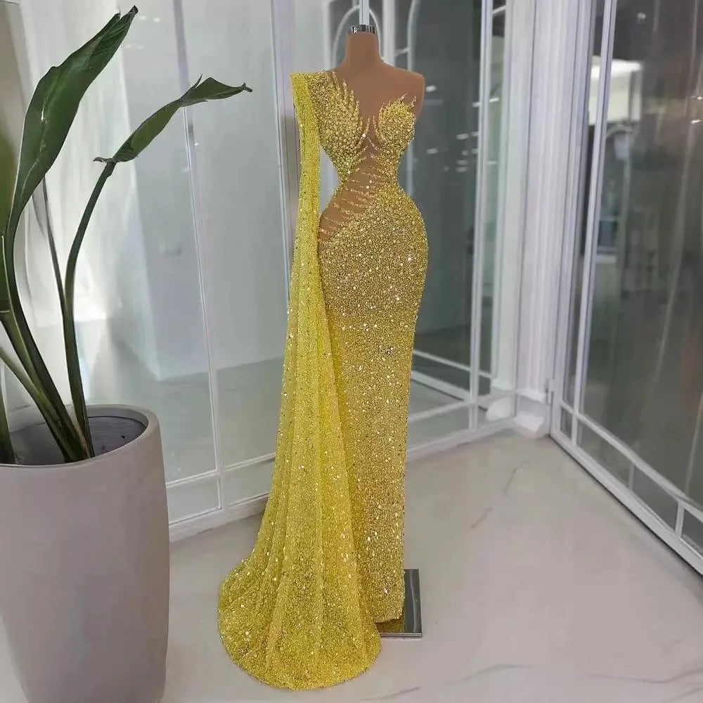 Gorgeous Sequined One Long Sleeve Evening Dresses Luxury O-Neck O-Neck Floor Length Mermaid Prom Dress AB1663