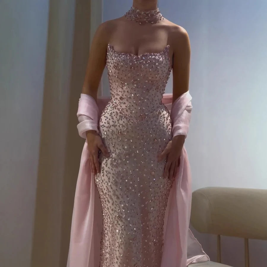 Bezauberndes, trägerloses, ärmelloses, langes Meerjungfrauen-Abendkleid mit Perlenstickerei für Damen AB1511