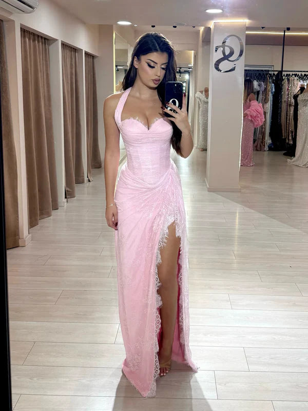 Beautiful Pink Sweetheart Halter Sleeveless Lace Prom Dress Mermaid With Side Split Graduation Dress B551