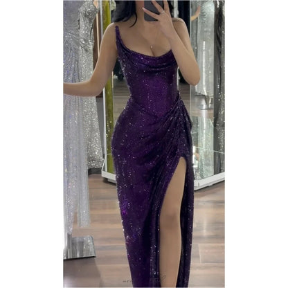 Unique Mermaid Strapless Dark Purple Sequin Split Prom Dresses Long Party Dress Birthday Outfits Prom Gown RB1329