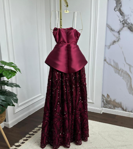 Robe de bal longue en satin bordeaux à sequins, coupe trapèze élégante, sans bretelles, sans manches, inspiration DH2936