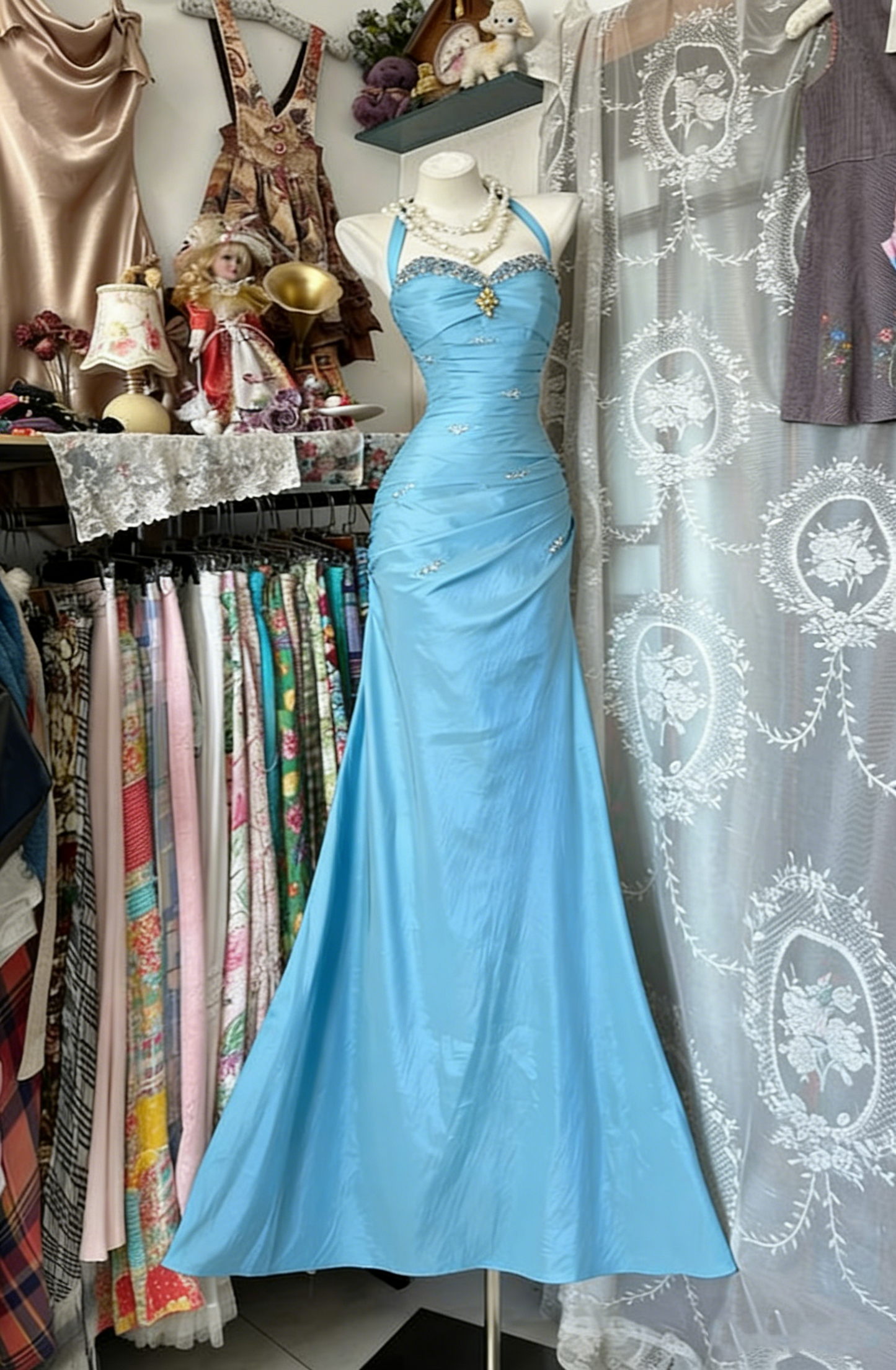 Vintage Neckholder Etuikleid, langes Ballkleid, perlenbesetzter Satin, blaues Abendkleid, ärmelloses Geburtstagskleid N1781