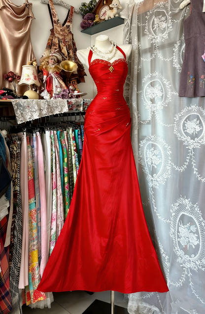 Vintage Neckholder Etuikleid, langes Ballkleid, perlenbesetzter Satin, blaues Abendkleid, ärmelloses Geburtstagskleid N1781