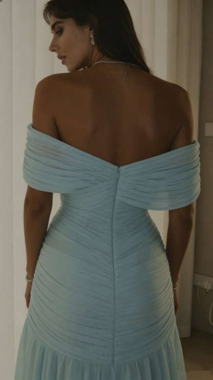 Sexy Meerjungfrauen-Abendkleid aus hellblauem Chiffon mit schulterfreiem Ausschnitt, langes Partykleid AB2139