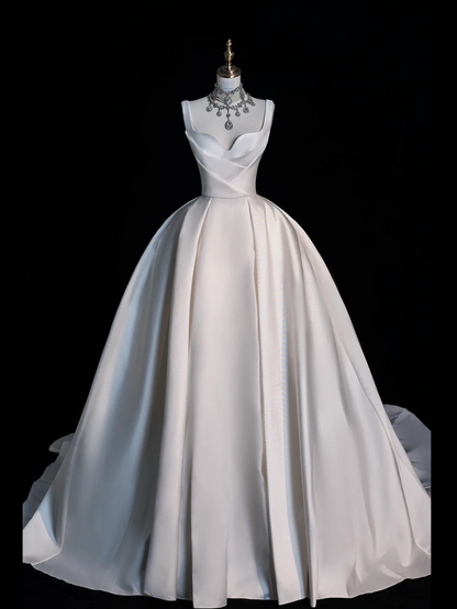 Robe de mariée blanche en satin à bretelles, robe de bal modeste, longue, style conte de fées, pour l'automne, U229