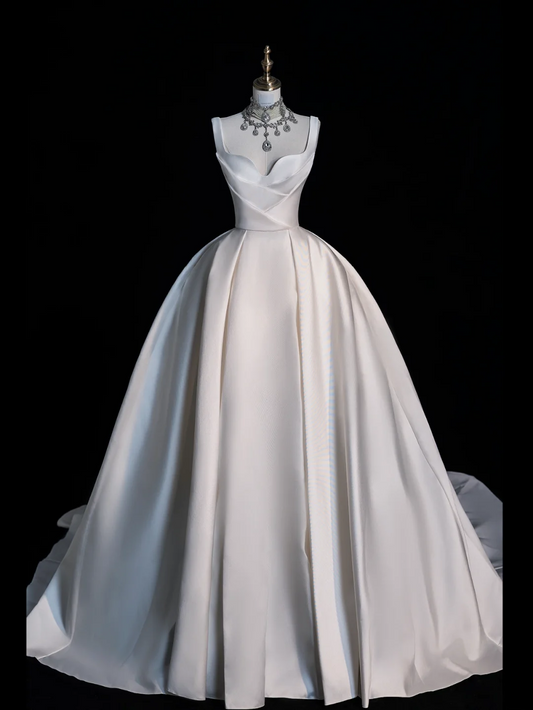 Modest Ball Gown Straps Satin White Wedding Dress Long Fairytale Autumn Wedding Dresses U229