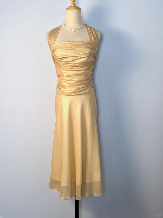 Vintage A line Halter Yellow Knee Length Chiffon Prom Dresses Formal Outfits RB3893