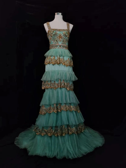 Vintage Prom Dresses Inspo A Line Strapless Green Tulle With Beading Appliqued For Women Formal Dress N3210
