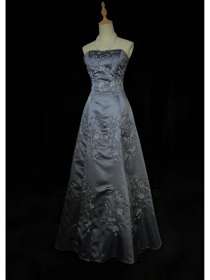 Vintage Prom Dresses Inspo Ball Gown Strapless Grey Satin With Embroidery For Women Formal Dress N3206