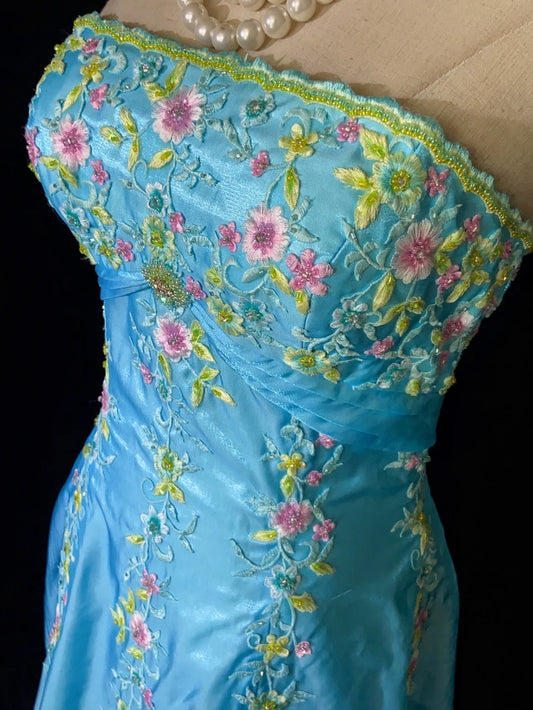 Vintage Prom Dresses Inspo A Line Strapless Blue Satin With Embroidery For Women Formal Dress N3209