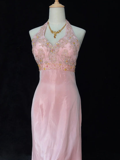 Robes de bal intemporelles ligne A, dos nu, mousseline rose avec perles, longues tenues de soirée N3205