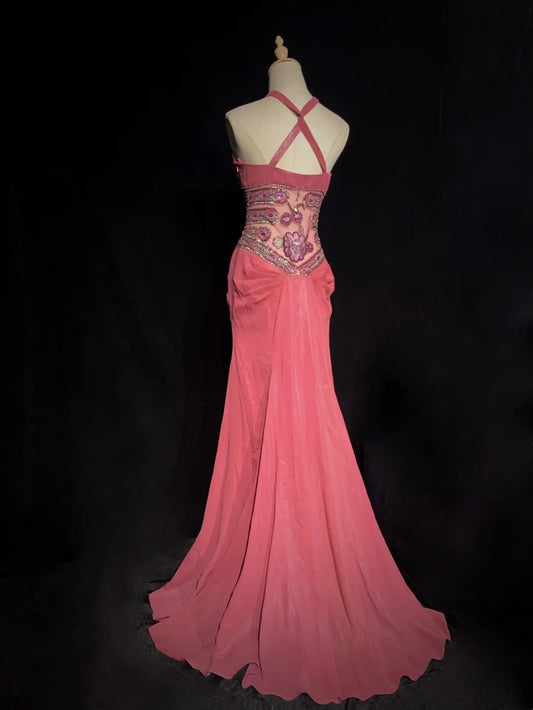 Wunderschöne Abiballkleider Meerjungfrau Neckholder Rosa Chiffon mit Perlen Lange Abendgarderobe N3399
