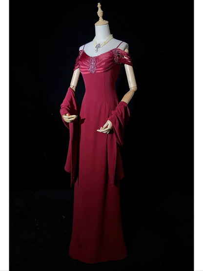 Robes de bal intemporelles en ligne A, bretelles spaghetti, mousseline bordeaux, avec cape, perles, longues tenues de soirée N3203
