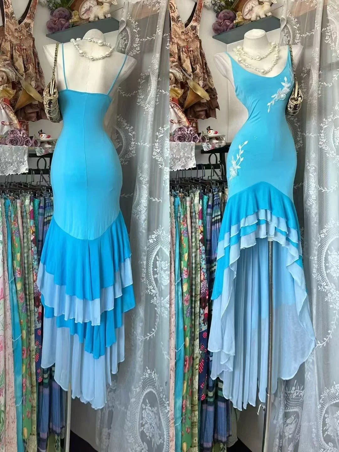 Vintage-Abendkleider im Meerjungfrauen-Stil mit Spaghettiträgern, blau, asymmetrischem Saum, Inspiration für formelle Partykleider N1976