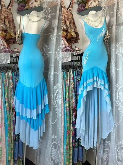 Vintage-Abendkleider im Meerjungfrauen-Stil mit Spaghettiträgern, blau, asymmetrischem Saum, Inspiration für formelle Partykleider N1976