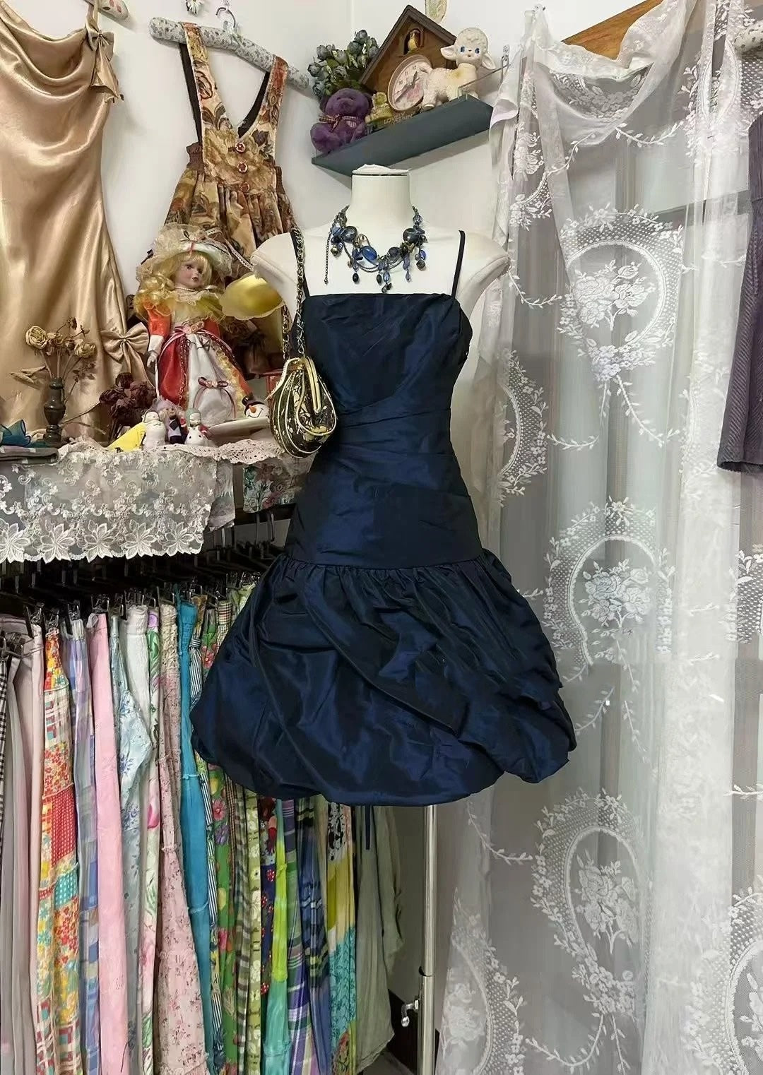 Vintage Mermaid Spaghetti Strap Navy Blue Satin Short Graduation Birthday Gown Homecoming Dresses N3719